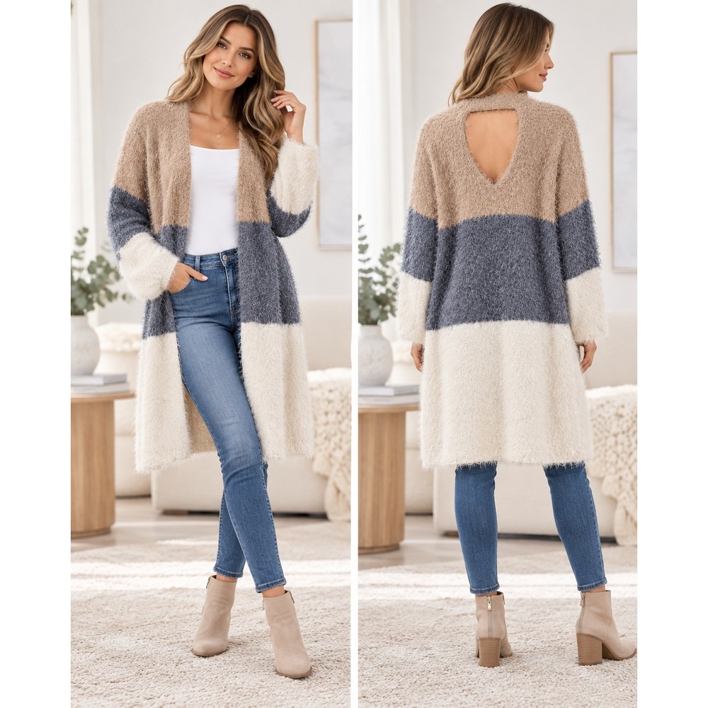 POL Whimsical Boho Colorblock Eyelash Knit Longline Coatagin Tan Blue Cream